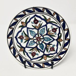 1980s Hand Painted Made in Greece Floral Round Ceramic Plate Wall Decor